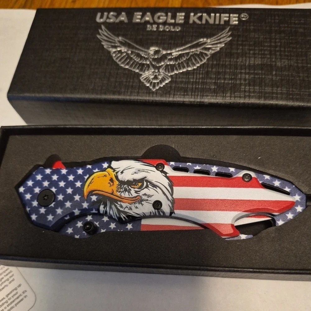 PatriotAddict USA Eagle Knife Tactical Folding Drop Point Red White Blue